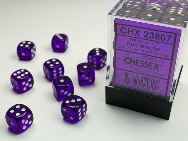 Chessex Translucent Purple/White 12mm D6 Dice Block (36ct)