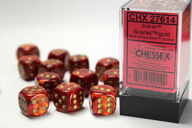 Chessex Scarab Scarlet/Gold 16mm D6 Dice (12ct)