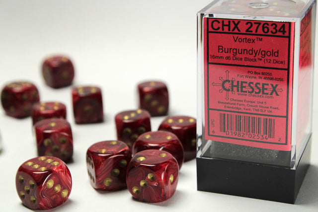 Chessex Vortex Burgundy/Gold 16mm D6 Dice (12ct)
