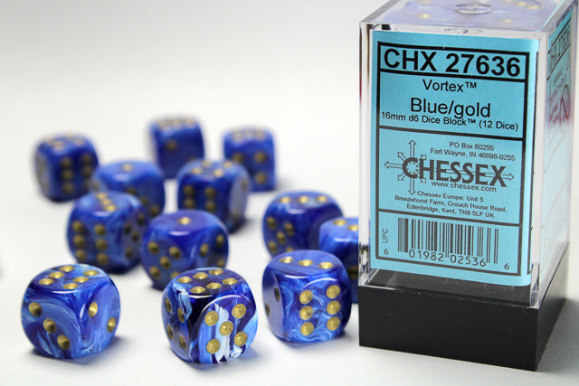 Chessex Vortex Blue/Gold 16mm D6 Dice (12ct)