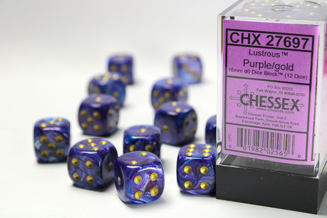 Chessex Lustrous Purple/Gold 16mm D6 Dice (12ct)
