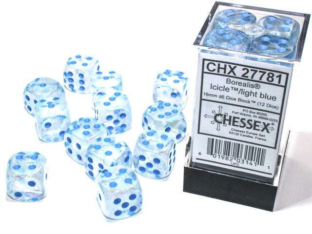 Chessex Borealis Icicle/Light Blue 16mm D6 Dice (12ct)