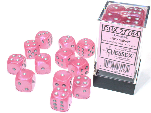Chessex Borealis Pink/Silver 16mm D6 Dice (12ct)