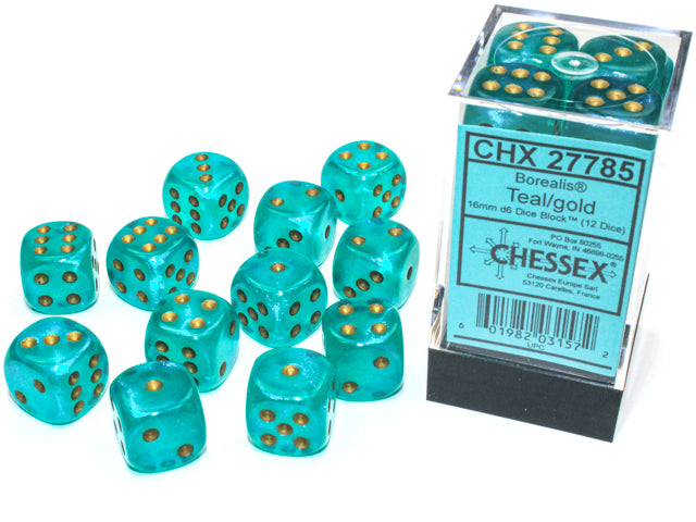 Chessex Borealis Teal/Gold 16mm D6 Dice (12ct)