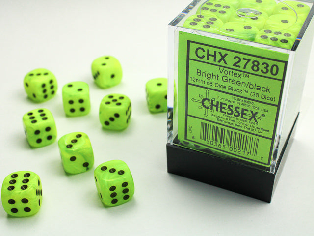 Chessex Vortex Bright Green/Black 12mm D6 Dice Block (36ct)