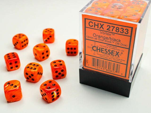 Chessex Vortex Orange/Black 12mm D6 Dice Block (36ct)