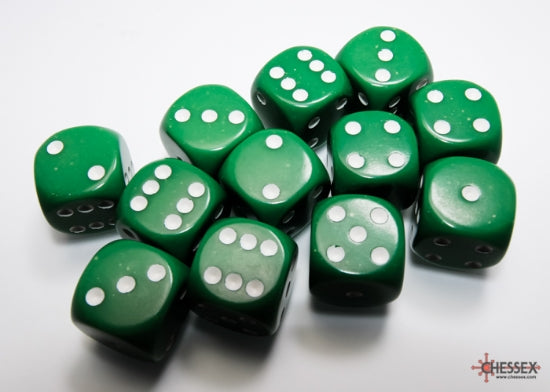 Chessex Opaque Green/White 16mm D6 Dice (12ct)