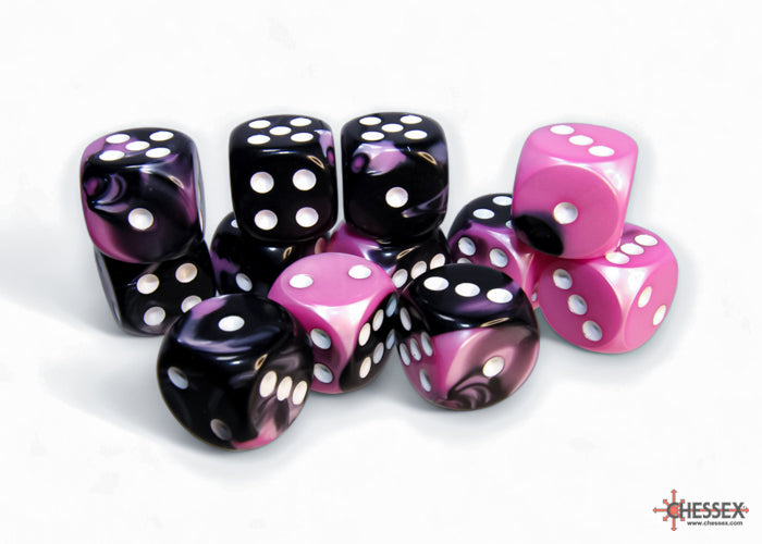 Chessex Gemini Black-Pink/white 16mm d6 Dice Block (12 Dice)