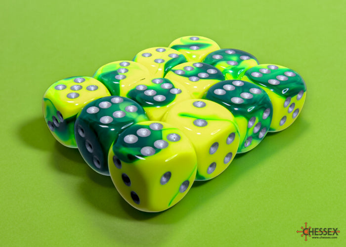 Chessex Gemeni Green-Yellow/Silver 16mm D6 Dice (12ct)