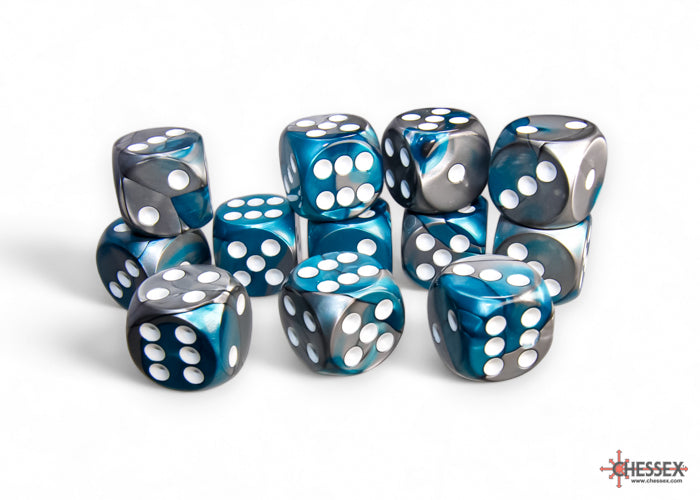 Chessex Gemini Steel-Teal/White 16mm D6 Dice (12ct)