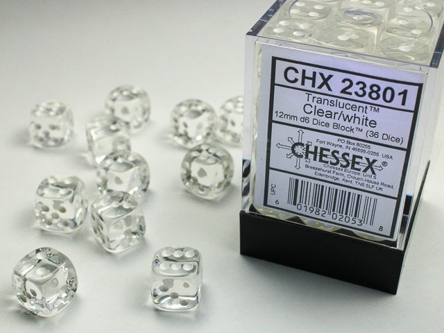 Chessex Translucent Clear/White 12mm D6 Dice Block (36ct)