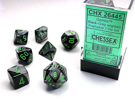 Chessex: Gemini Black-Grey/Green Polyhedral Dice Set (7ct)