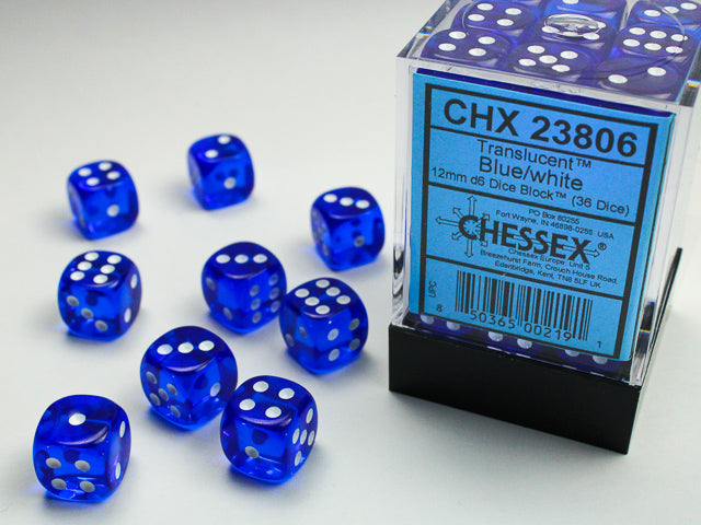 Chessex Translucent Blue/white 12mm d6 Dice Block (36 dice)