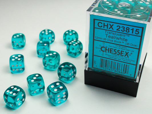 Chessex Translucent Teal/white 12mm d6 Dice Block (36 dice)