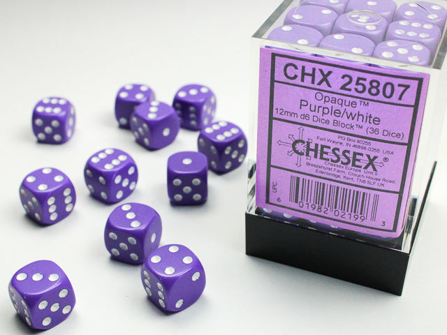 Chessex Opaque Purple/white 12mm d6 Dice Block (36 dice)