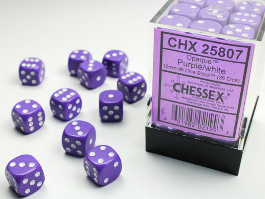 Chessex Opaque Purple/white 12mm d6 Dice Block (36 dice)