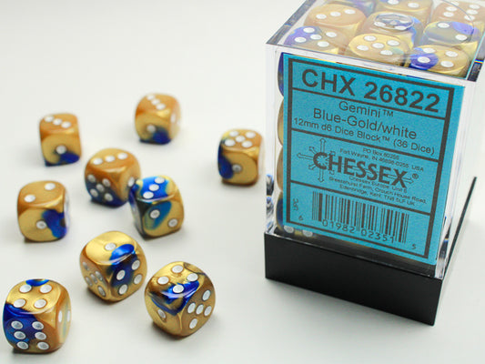 Chessex  Gemini Blue-Gold/white 12mm d6 Dice Block (36 dice)