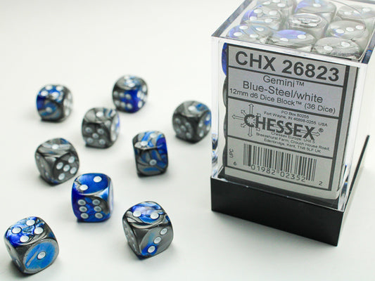 Chessex Gemini Blue-Steel/white 12mm d6 Dice Block (36 dice)