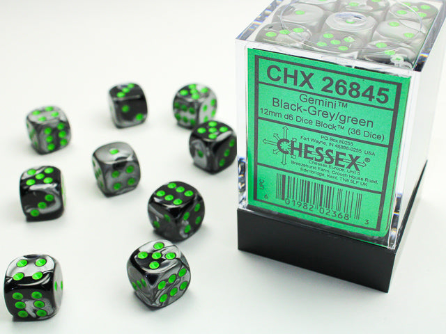 Chessex Gemini Black-Grey/Green 12mm D6 Dice Block (36ct)