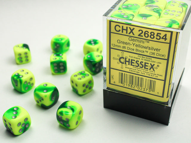 Chessex Gemini Green-Yellow/Silver 12mm D6 Dice Block (36ct)