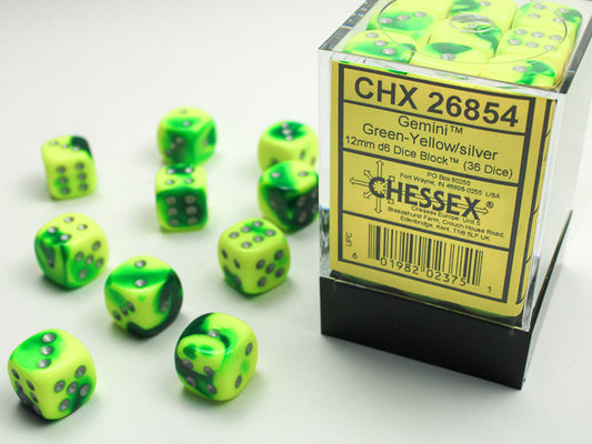 Chessex Gemini Green-Yellow/silver 12mm d6 Dice Block (36 dice)