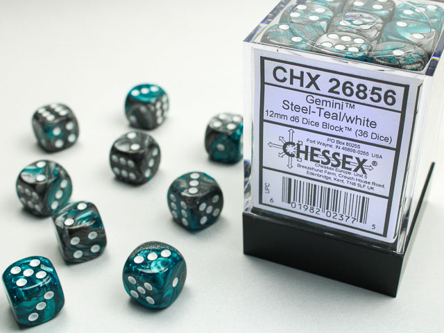 Chessex Gemini Steel-Teal/White 12mm D6 Dice Block (36ct)