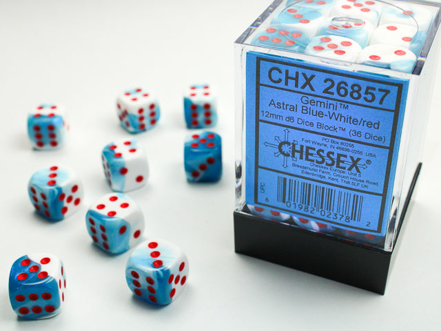 Chessex Gemini Astral Blue-White/Red 12mm D6 Dice (36ct)