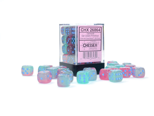 Chessex Gemini Gel Green-Pink/Blue Luminary 12mm d6 Dice Block (36 dice)