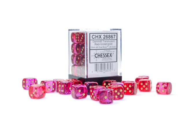 Chessex Translucent Red-Violet/Gold 12mm D6 Dice Block (36ct)