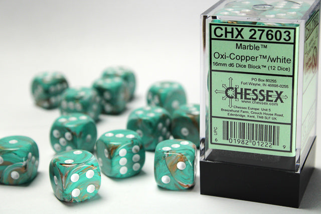 Chessex Marble Oxi-Copper/White 16mm D6 Dice (12ct)