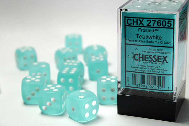 Chessex Frosted Teal/White 16mm D6 Dice (12ct)