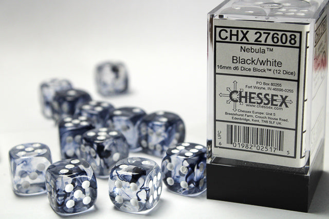 Chessex Nebula Black/White 16mm D6 Dice (12ct)