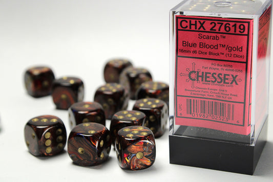 Chessex Scarab Blue Blood/gold 16mm D6 (12 Dice)