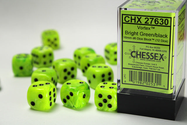 Chessex Vortex Bright Green/Black 16mm D6 Dice (12ct)