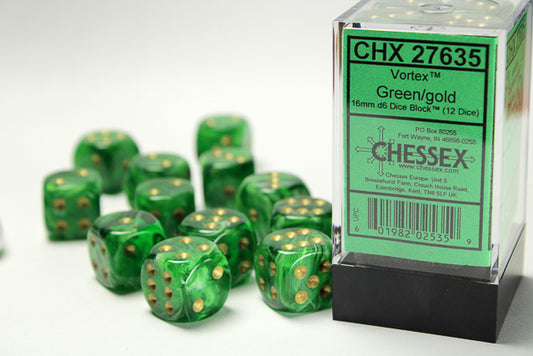 Chessex Vortex Green/Gold 16mm D6 Dice (12ct)