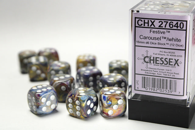 Chessex Festive Carousel/White 16mm D6 Dice (12ct)