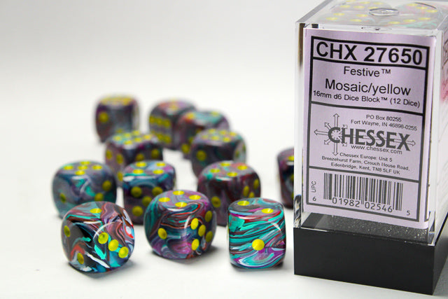 Chessex Festive Mosaic/Yellow 16mm D6 Dice (12ct)