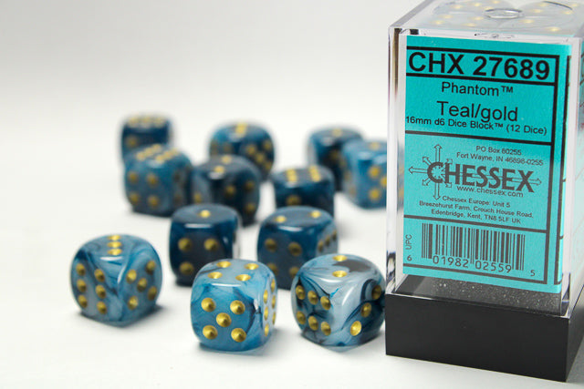 Chessex Phantom Teal/Gold 16mm D6 Dice (12ct)