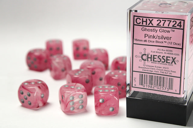 Chessex Ghostly Glow Pink/Silver 16mm D6 Dice (12ct)