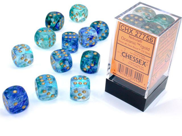 Chessex Nebula Oceanic/Gold 16mm D6 Dice (12ct)