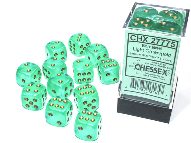 Chessex Borealis Light Green/Gold 16mm D6 Dice (12ct)