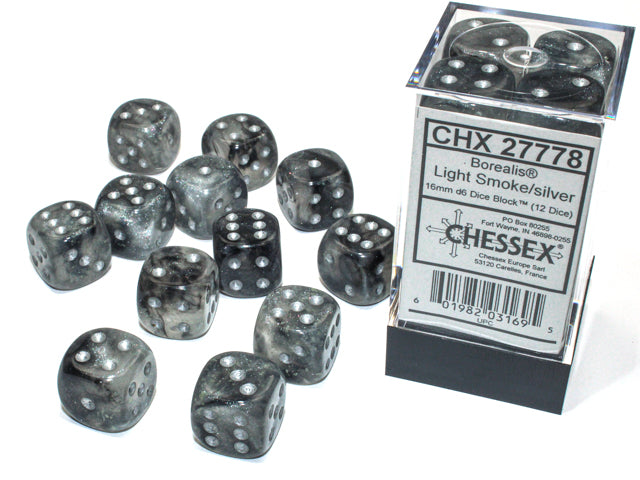 Chessex Borealis Luminary Light smoke/Silver 16mm D6 Dice (12ct)
