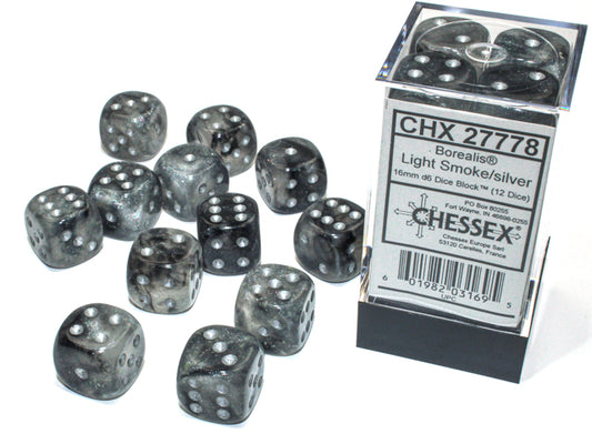 Chessex Borealis Luminary Light smoke/silver 16mm D6 (12 Dice)