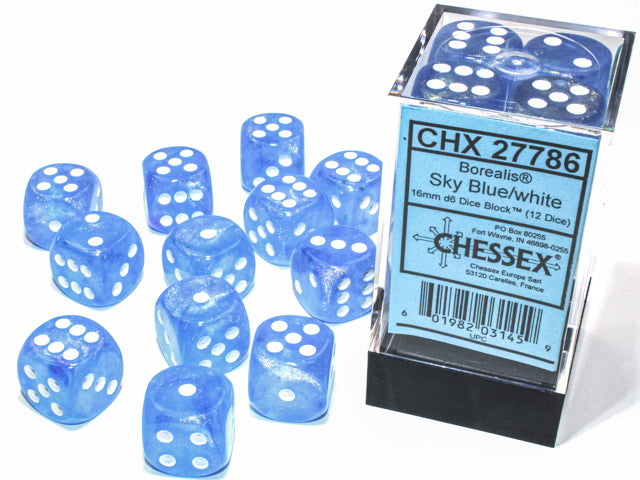 Chessex Borealis Sky Blue/White 16mm D6 Dice (12ct)