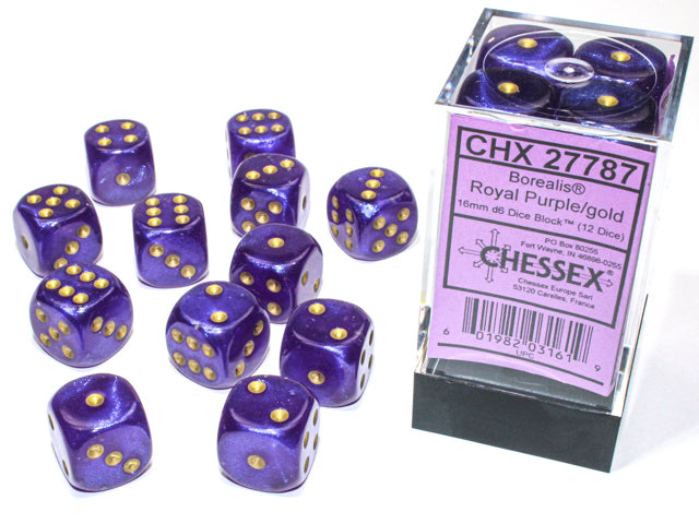 Chessex Borealis Royal Purple/Gold 16mm D6 Dice (12ct)