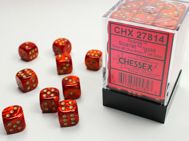 Chessex Scarab Scarlet/Gold 12mm D6 Dice Block (36ct)