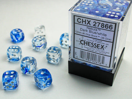 Chessex Nebula Dark Blue/white 12mm d6 Dice Block (36 dice)