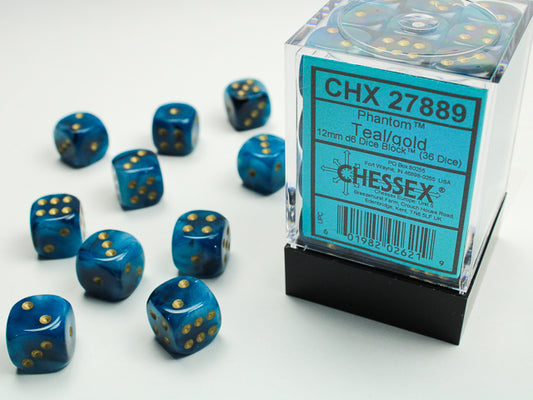 Chessex Phantom Teal/gold 12mm d6 Dice Block (36 dice)