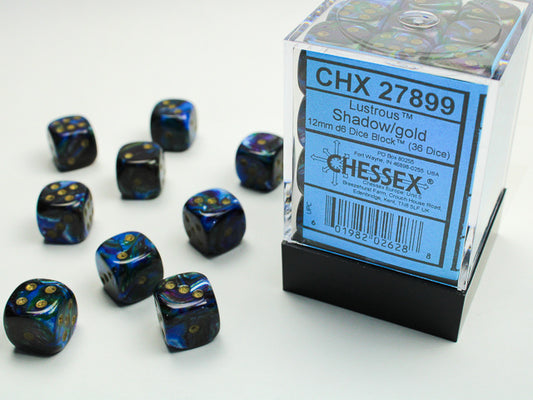Chessex Lustrous Shadow/gold 12mm d6 Dice Block (36 dice)