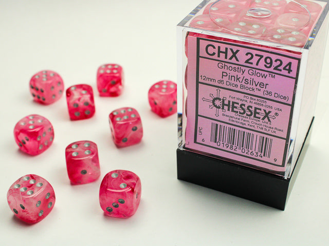 Chessex Ghostly Glow Pink/Silver 12mm D6 Dice Block (36ct)